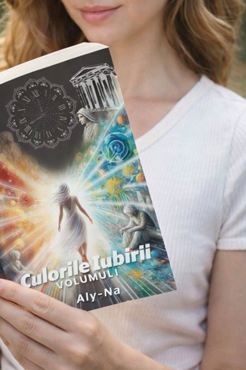 Persoană citind cartea Culorile Iubirii de Aly-Na pe plajă, moment de introspecție și vindecare emoțională.