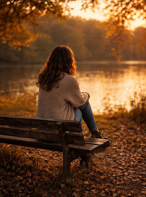 Fată stând singură pe o bancă în parc, reflectând asupra propriei povești și vindecării emoționale