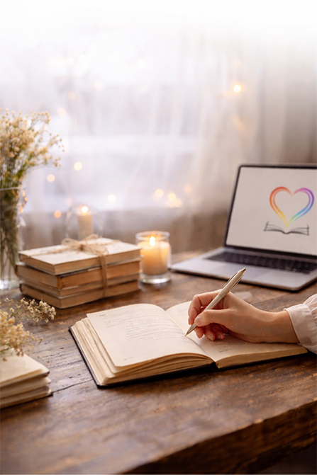 Mână care scrie într-un jurnal pe o masă cald luminată, înconjurată de cărți, lumânări și flori uscate, simbolizând introspecția și procesul de a-ți spune propria poveste.