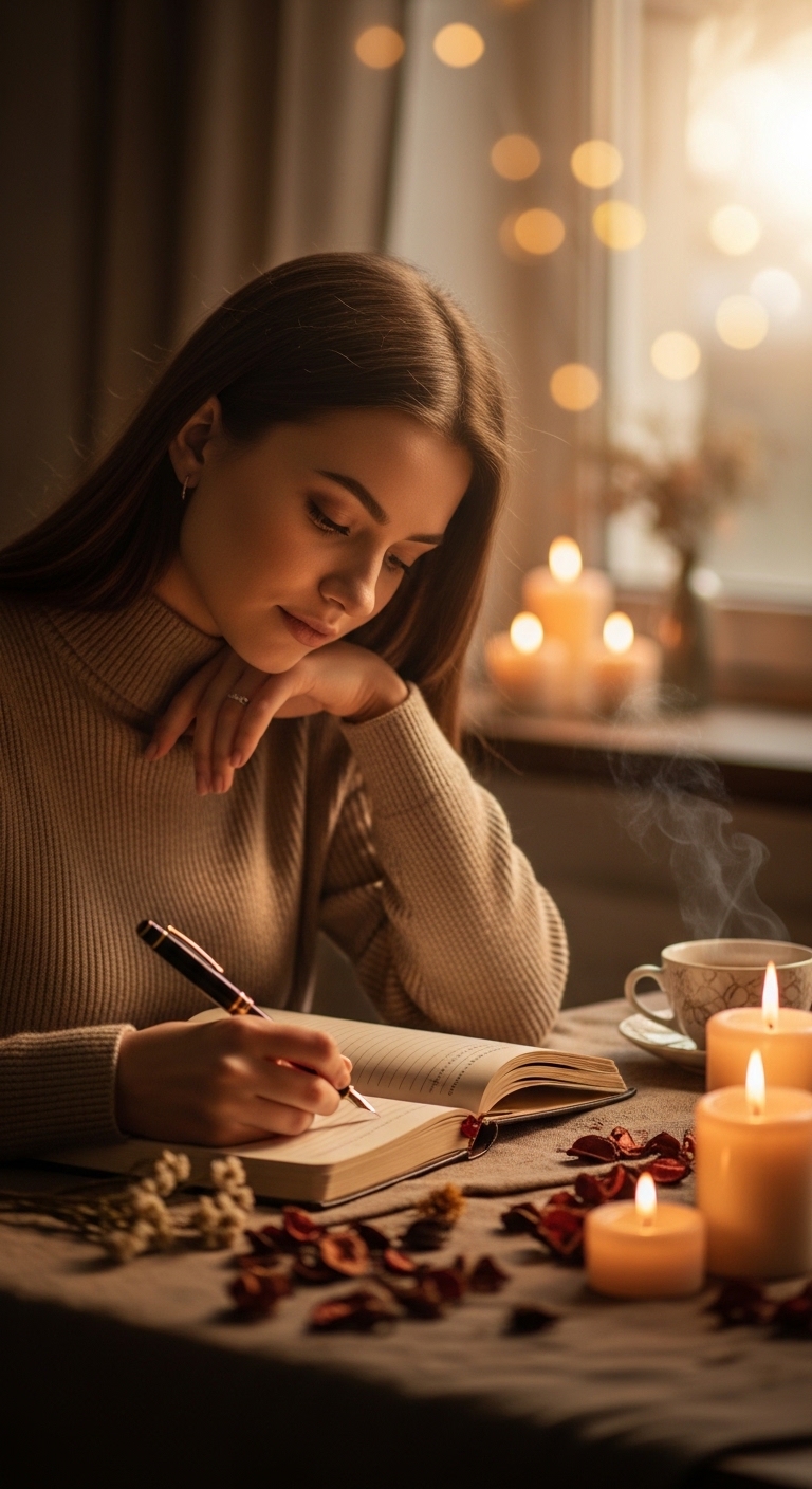 Femeie scriind in jurnal la lumina lumanarilor atmosfera calda introspectiva
