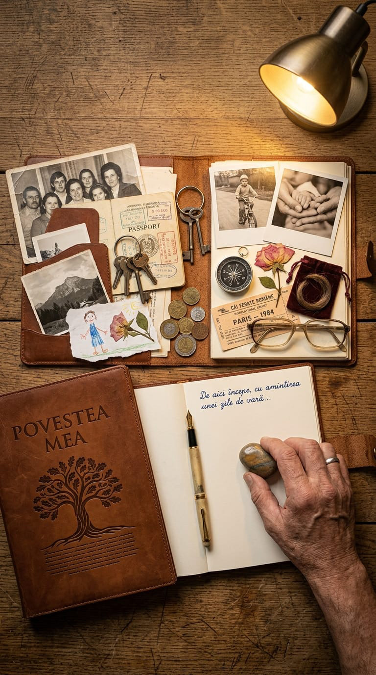 Jurnal autobiografic cu fotografii vechi, pașaport și amintiri - simbolul storytelling și vindecării prin scris