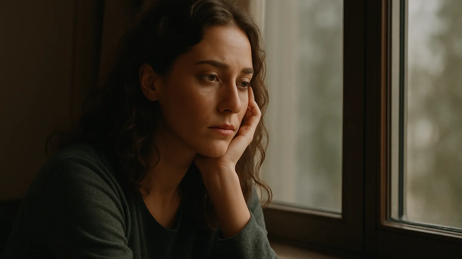 O femeie contemplativă privind pe fereastră, reflectând asupra intensității emoțiilor sale.